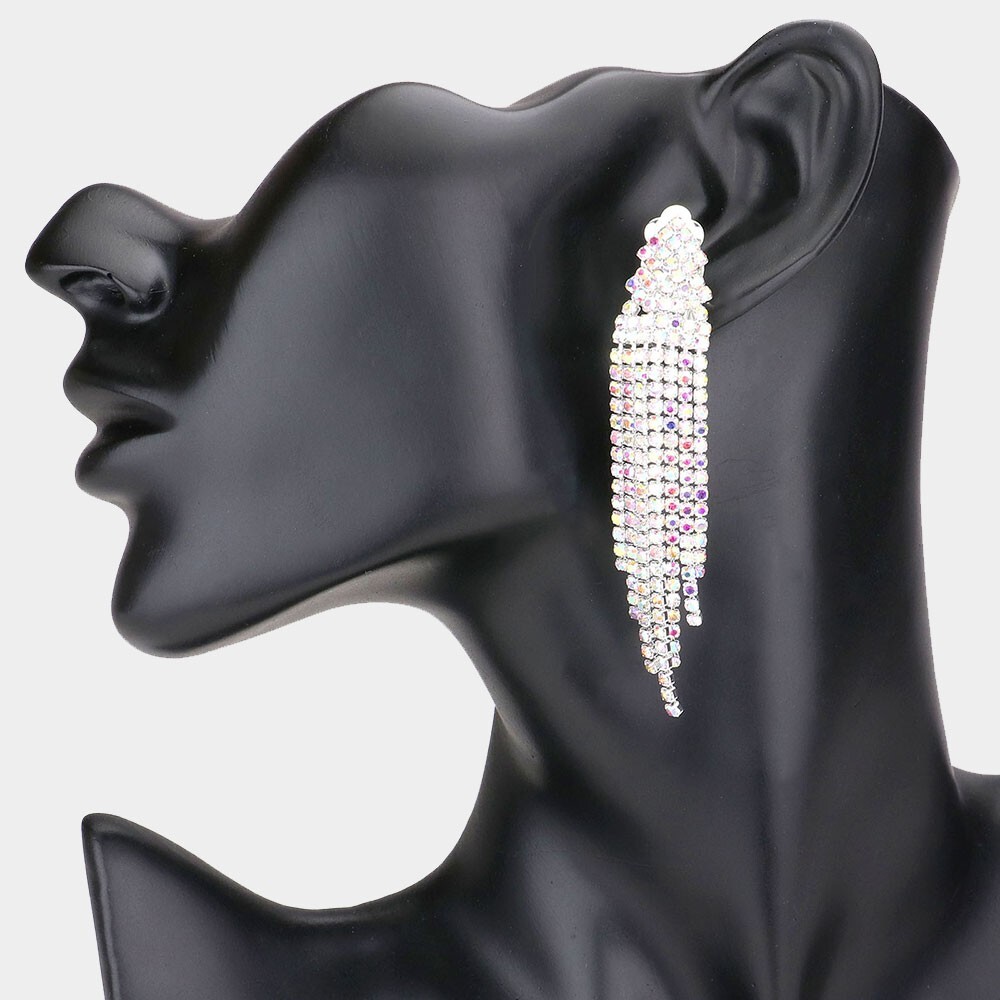 Silver Iridescent Rhinestone Dangle Drop Clip On Earrings Wedding Prom #6348