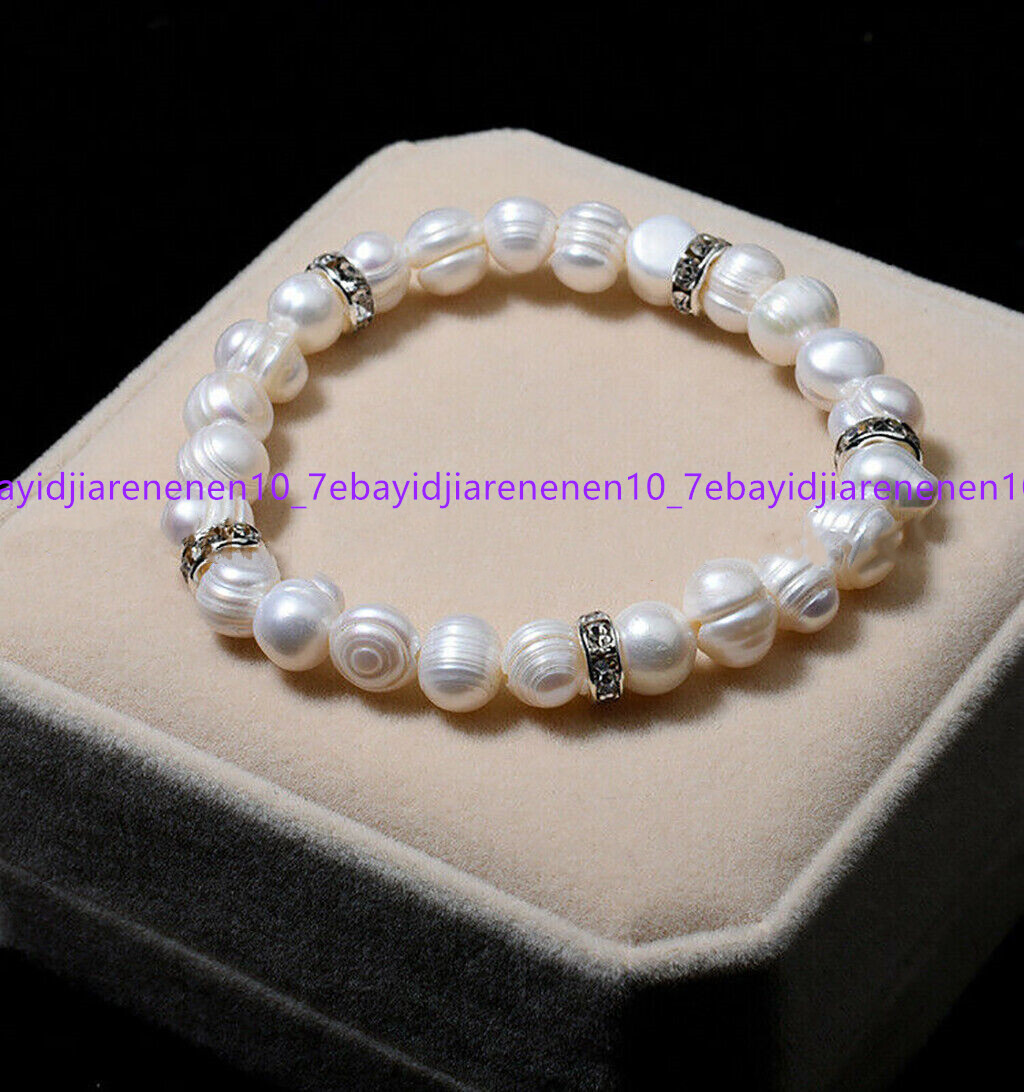 Natural 10-11mm White Pink Purple Cultured Thread Pearl Elastic Bracelet 7.5 in