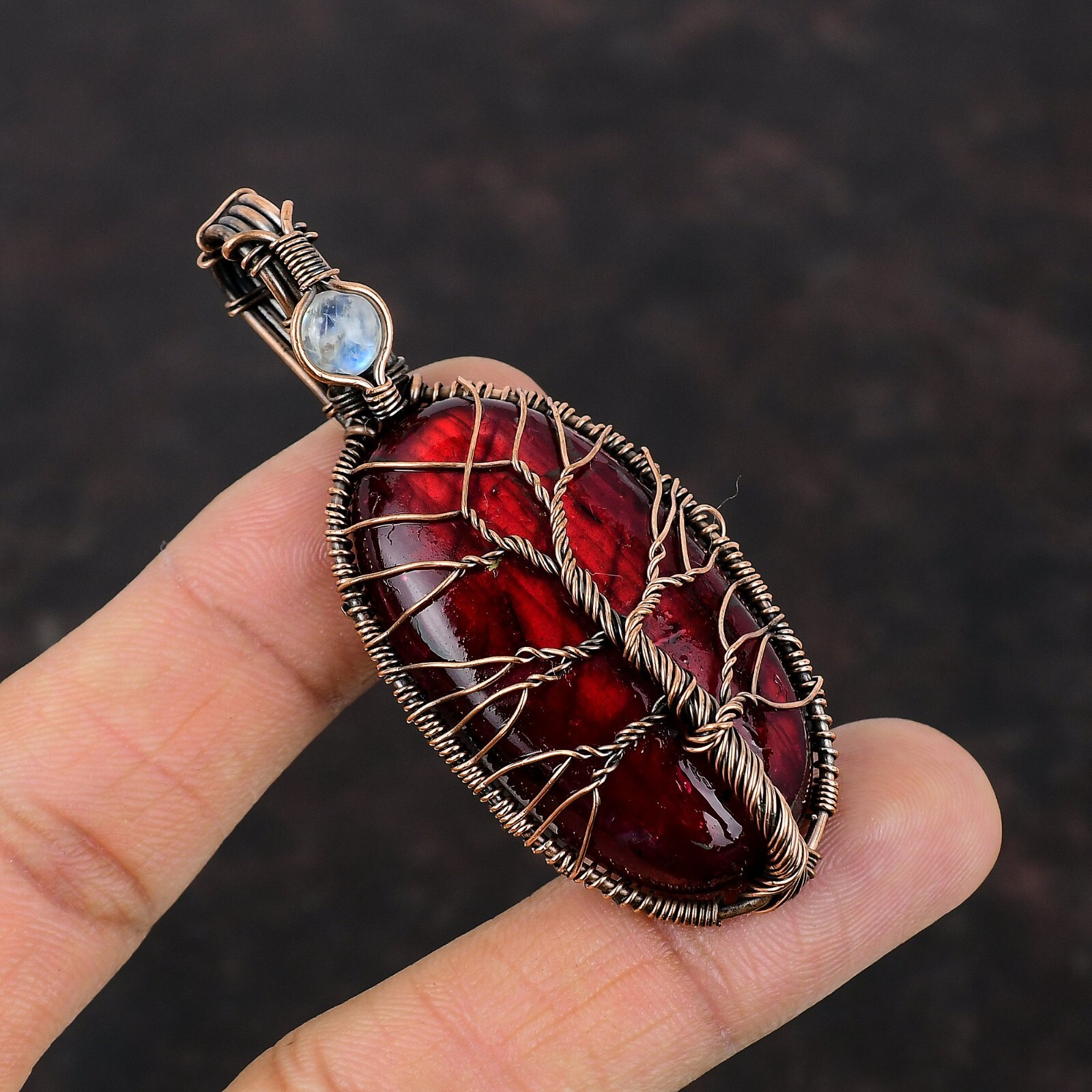 Red Fire Labradorite Copper Love Gift Wire Wrapped Tree Of Life Pendant 2.76″