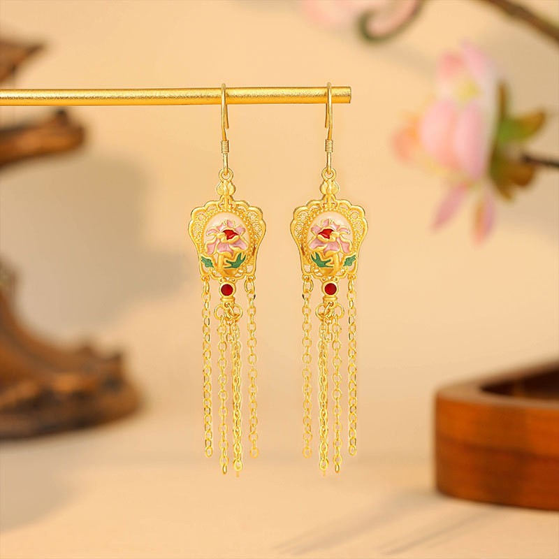 Chinese Style Enamel Tassel Dangle Earrings Vintage Floral Jewelry