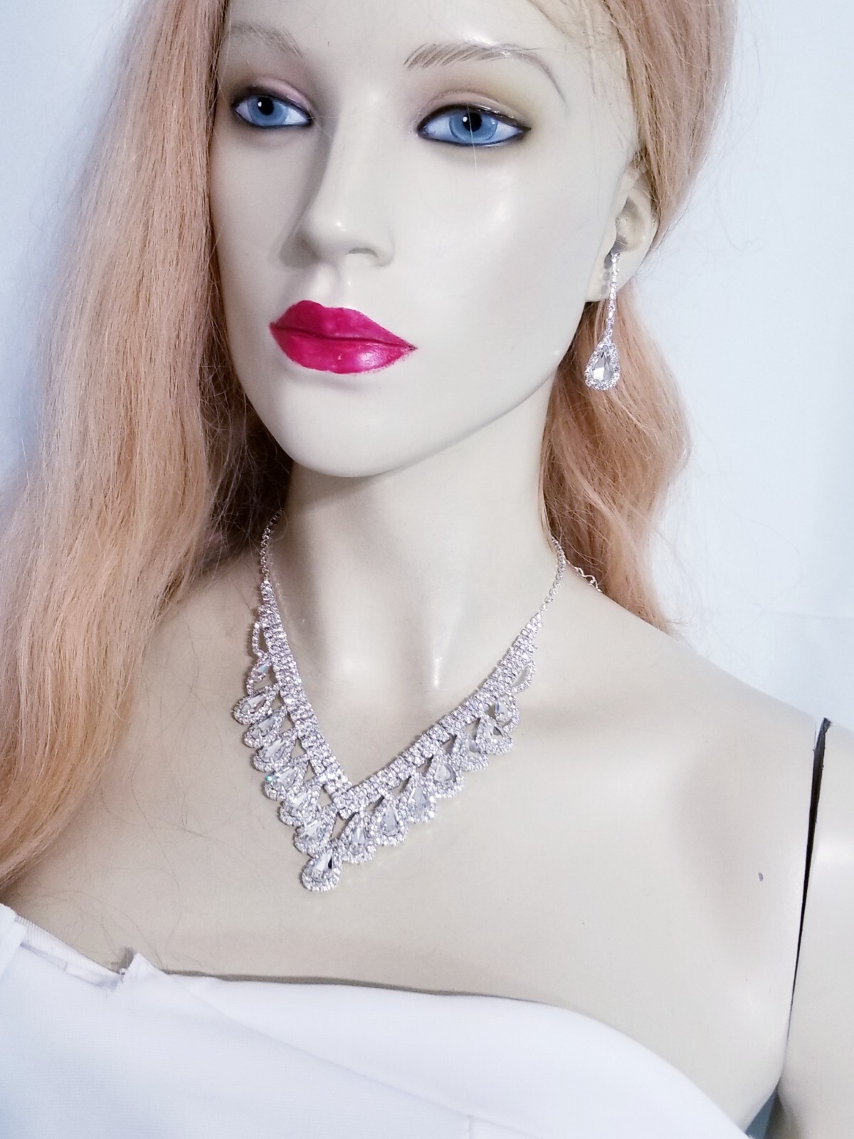 Clear Rhinestone Necklace Earring Set Bridal Prom Pageant Statement Drag Queen
