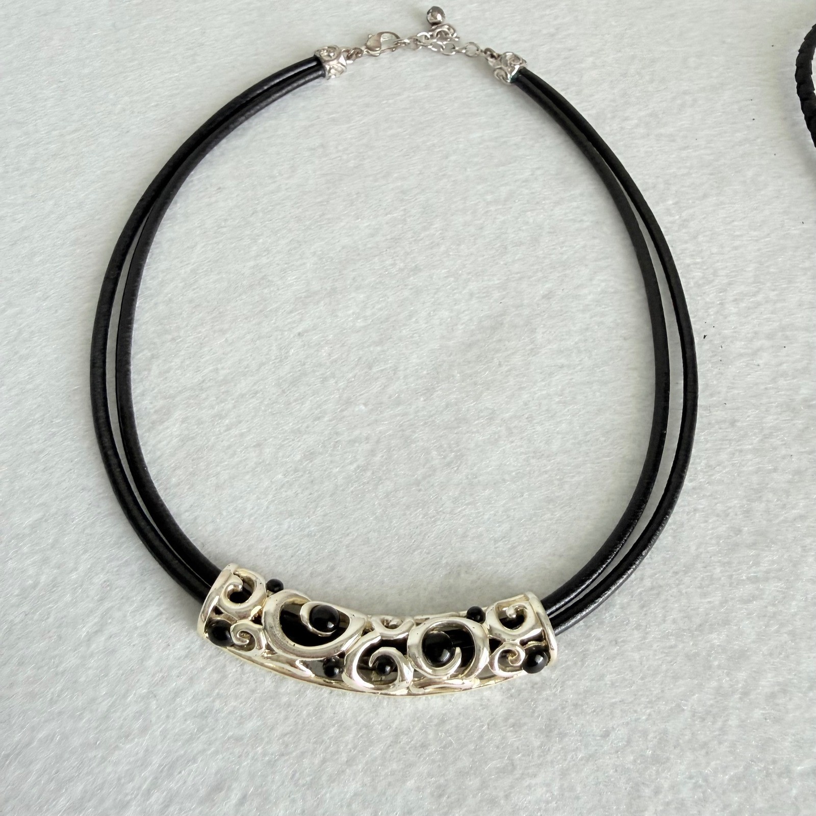 Two VTG Black Cord Statement Necklaces Silver Tone Filigree & Fringe Pendants