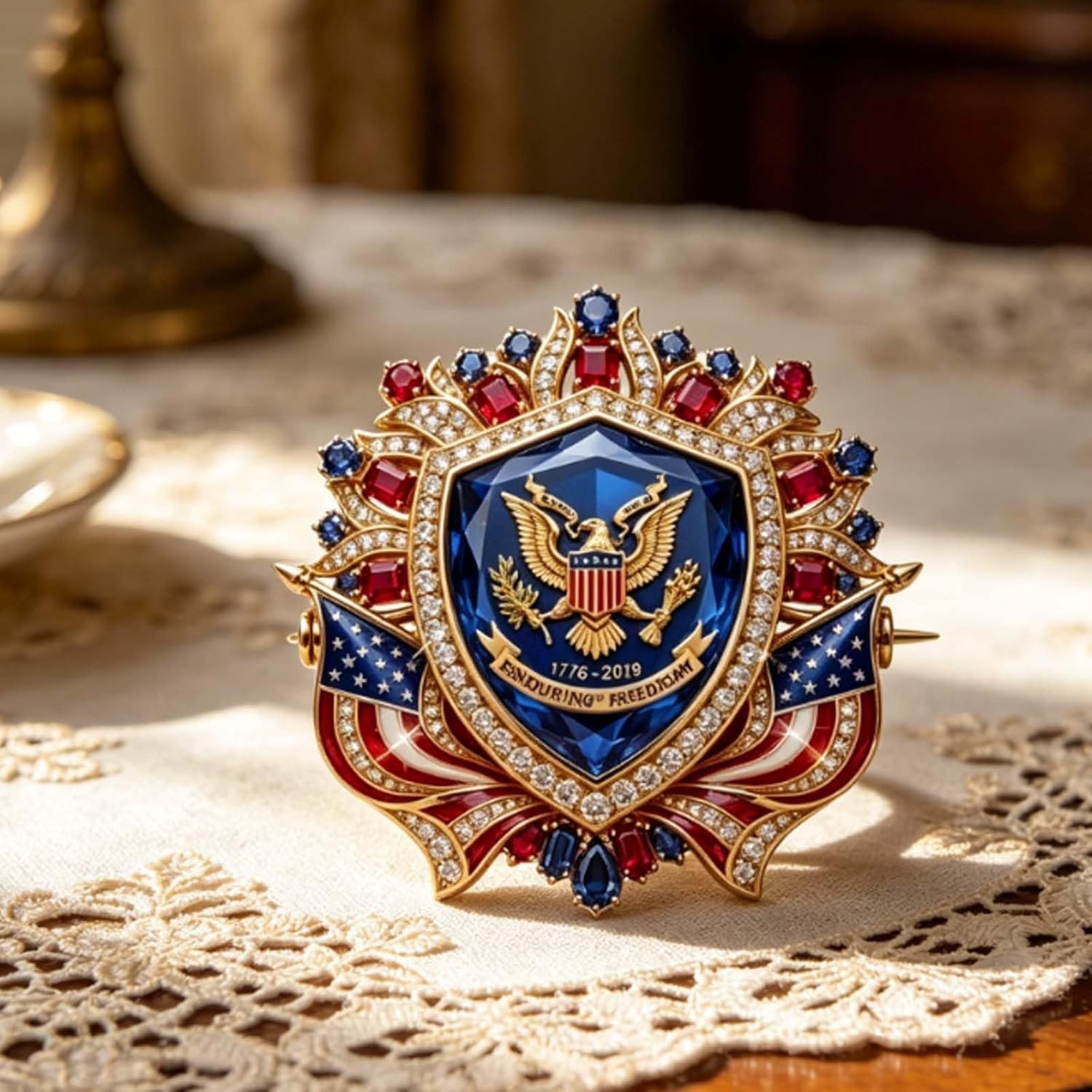 US 250th Anniversary Brooch Pin, Patriotic Bald Eagle Rhinestone Lapel Pin