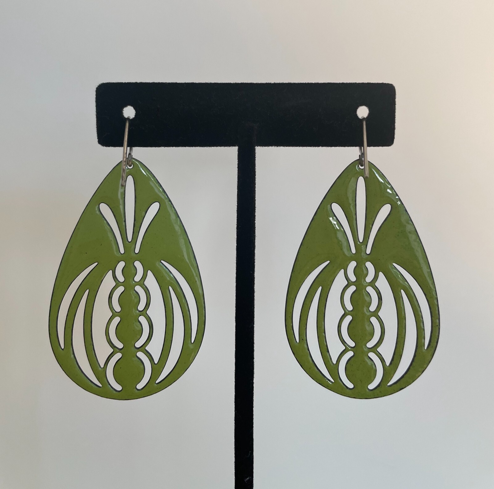 Vitreous Enamel Handcut Copper Earrings Art Deco Mod Geometric Handmade USA 2″