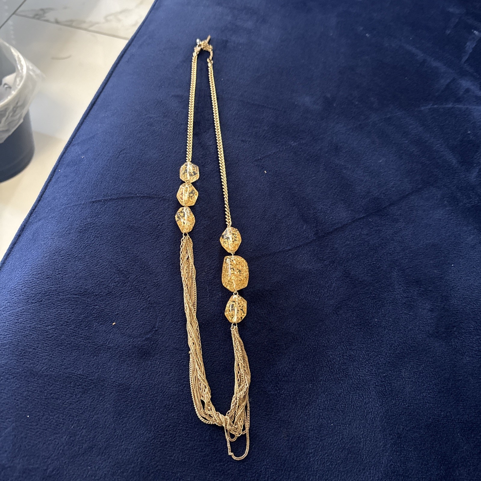 Kenneth Cole New York Gold Foil Lucite Bead Multi Strand Statement Necklace Long