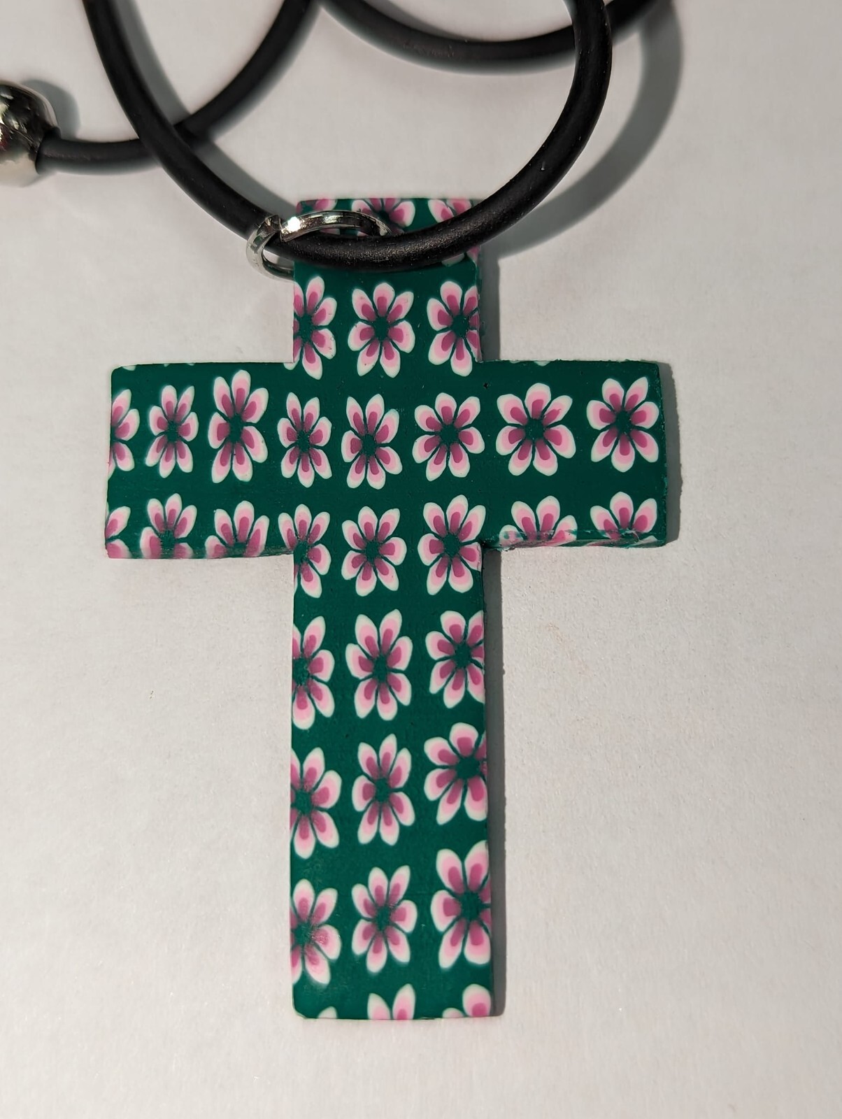 Green with pink flowers Silicone Cross Necklace 1-3/4 x 1-1/4 cross 18″ silicone