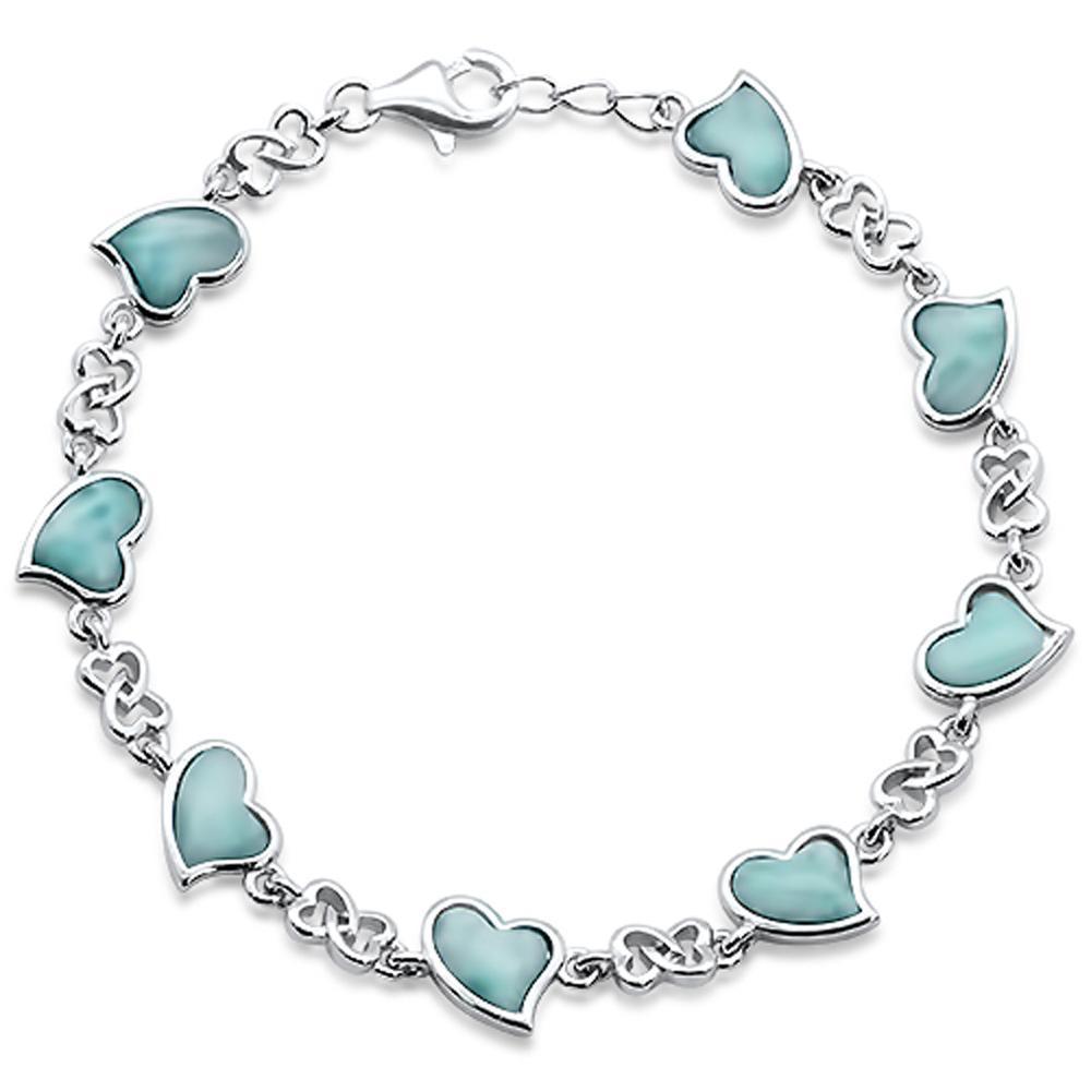 Natural Larimar Heart Charm .925 Sterling Silver Bracelet 7.5″ Long