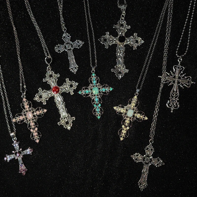 Gothic Big Zircon Cross Necklace Unisex Y2K Irregular Goth Large Cross Pendant