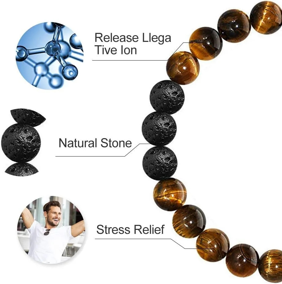 M MOOHAM Mens Bracelet – Beaded Natural Stone 8mm Tiger Eye Matte Agate Lava Roc