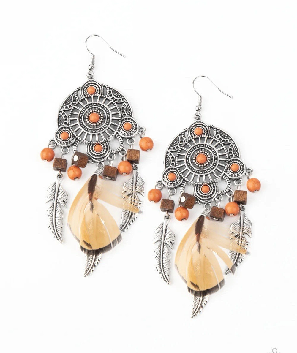 Silver-Tone Orange Bead Feather Bohemian Dangle Hook Earrings