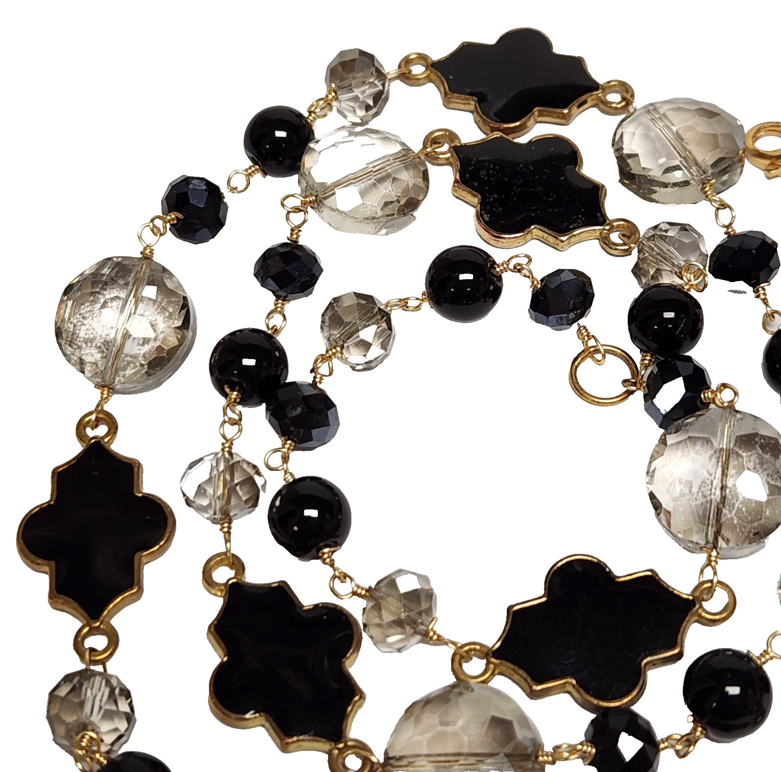 Gilt Sterling Silver Gray & Black Crystal Bead Quatrefoil Motif Necklace 27.5″