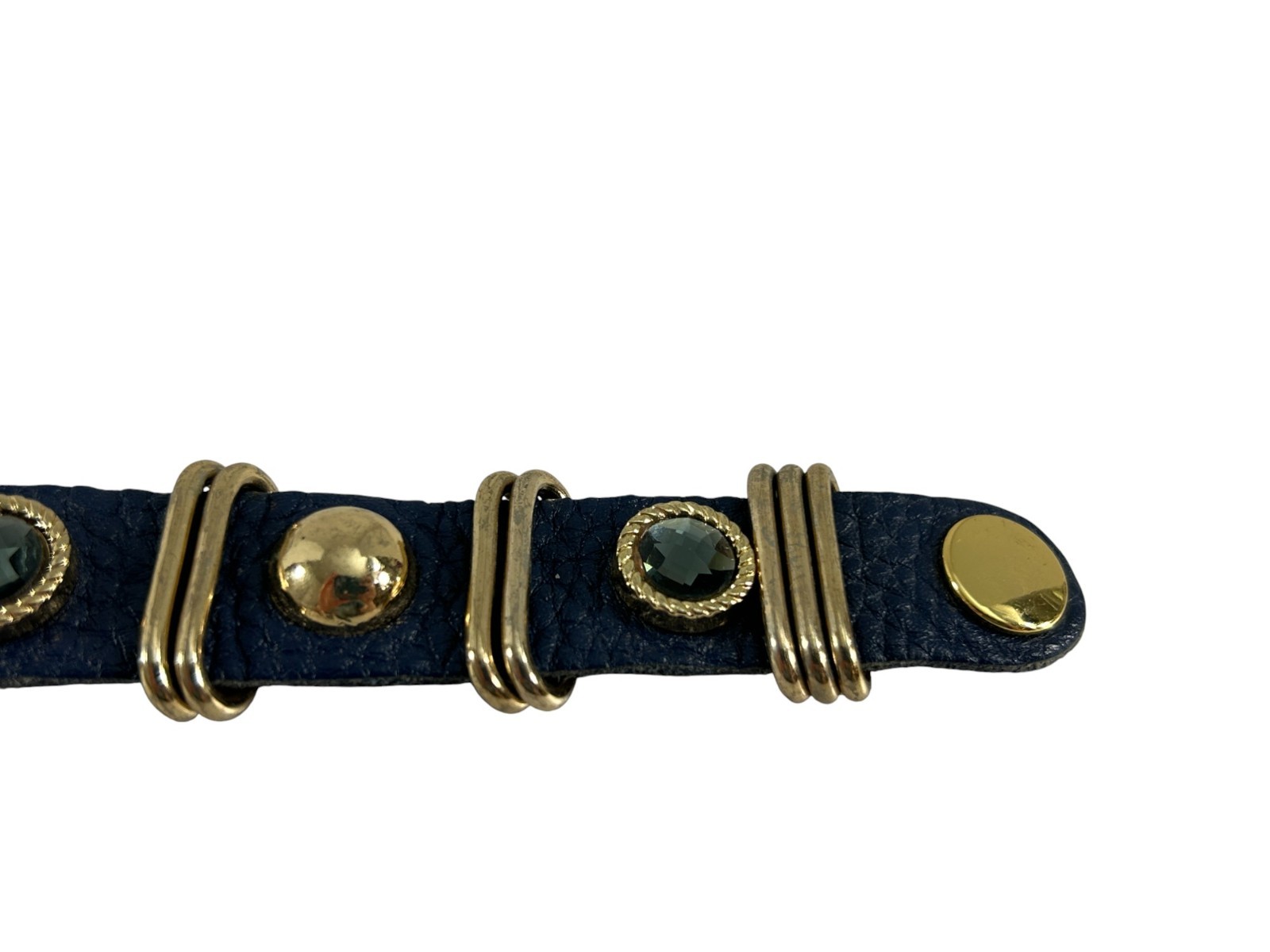 Vintage Star King Blue Leather Bracelet Gold Tone Hardware Snap Cuff Rhinestones