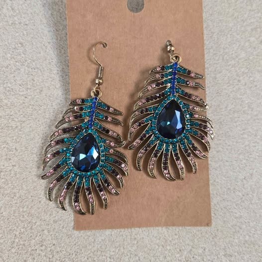 Peacock Feather Blue Stone Crystals Earrings