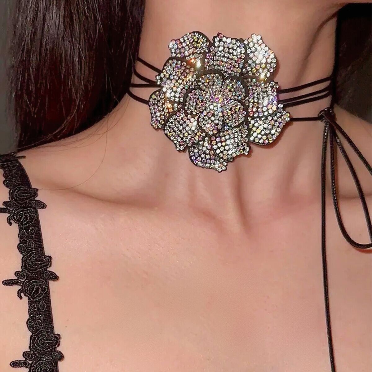 Women Fashion Starry CZ Rose Flower Choker Collar Necklace Chain Wax Tassel 57in