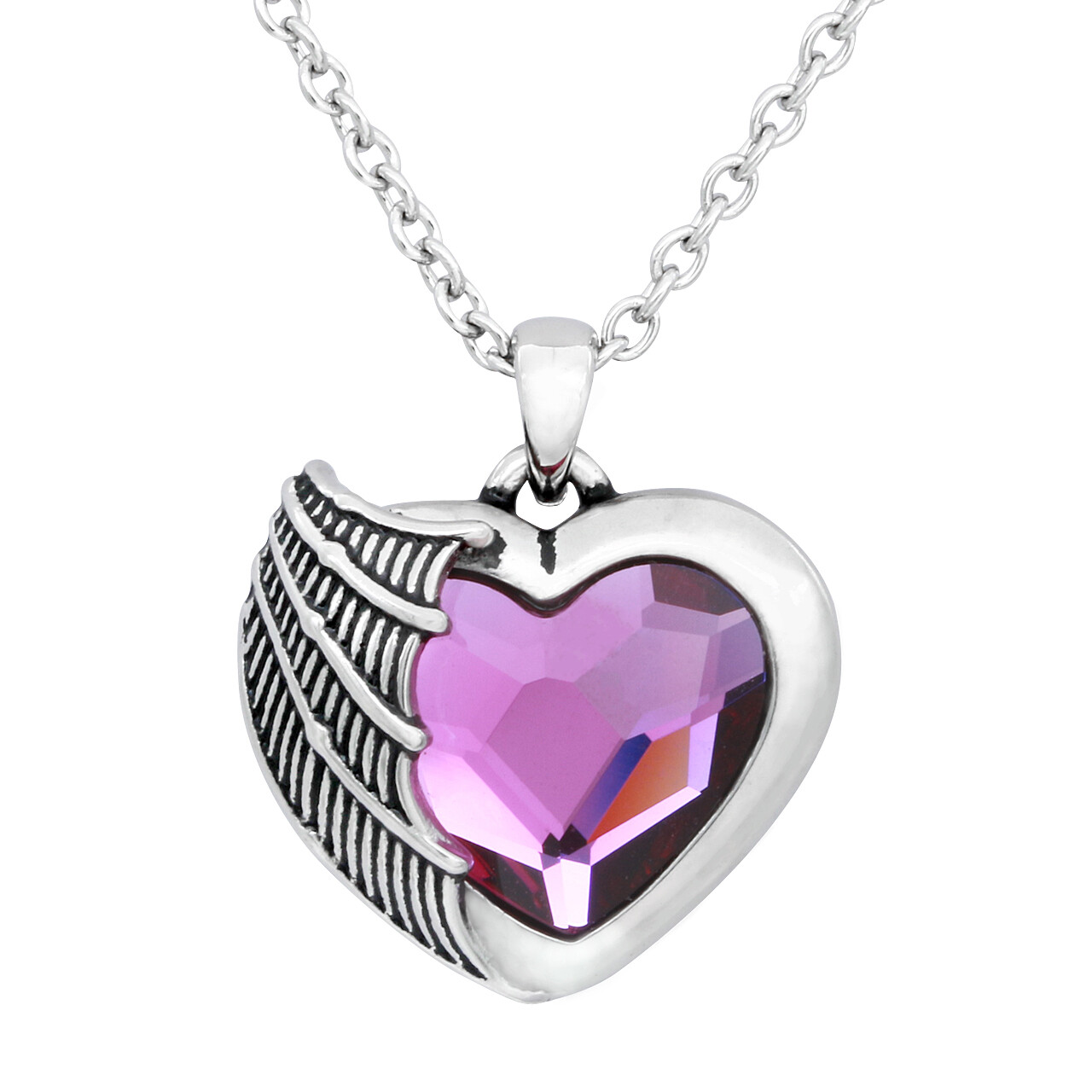 Stainless Steel Heart Necklace with Purple Crystal and single Angel Wing Design