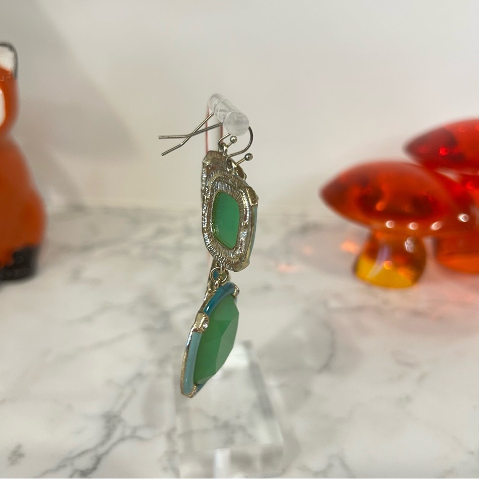 Double Square Teal Green Blue Dangle Earrings