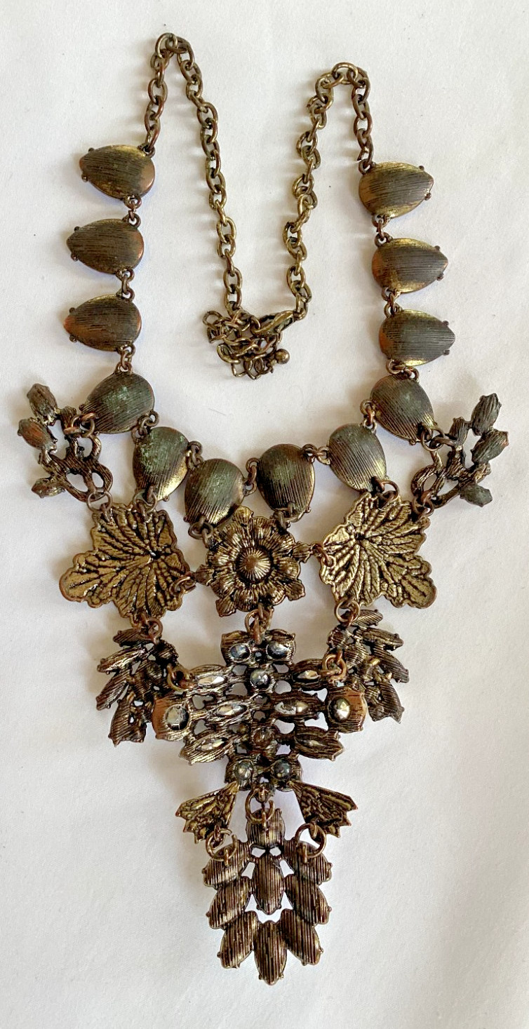 Spring Street Blue and Clear Rhinestone and Antiqued Brass Statement Necklace