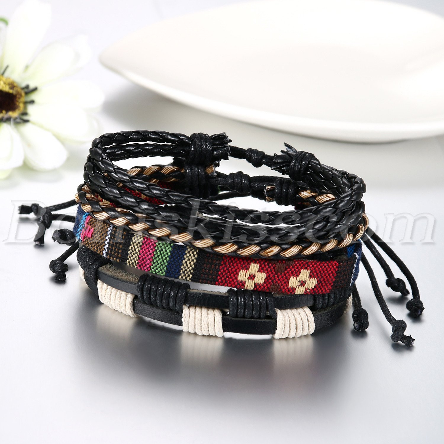 4pcs Fashion Handmade Retro Multilayer Leather Bracelet Cuff Wrap Set Adjustable