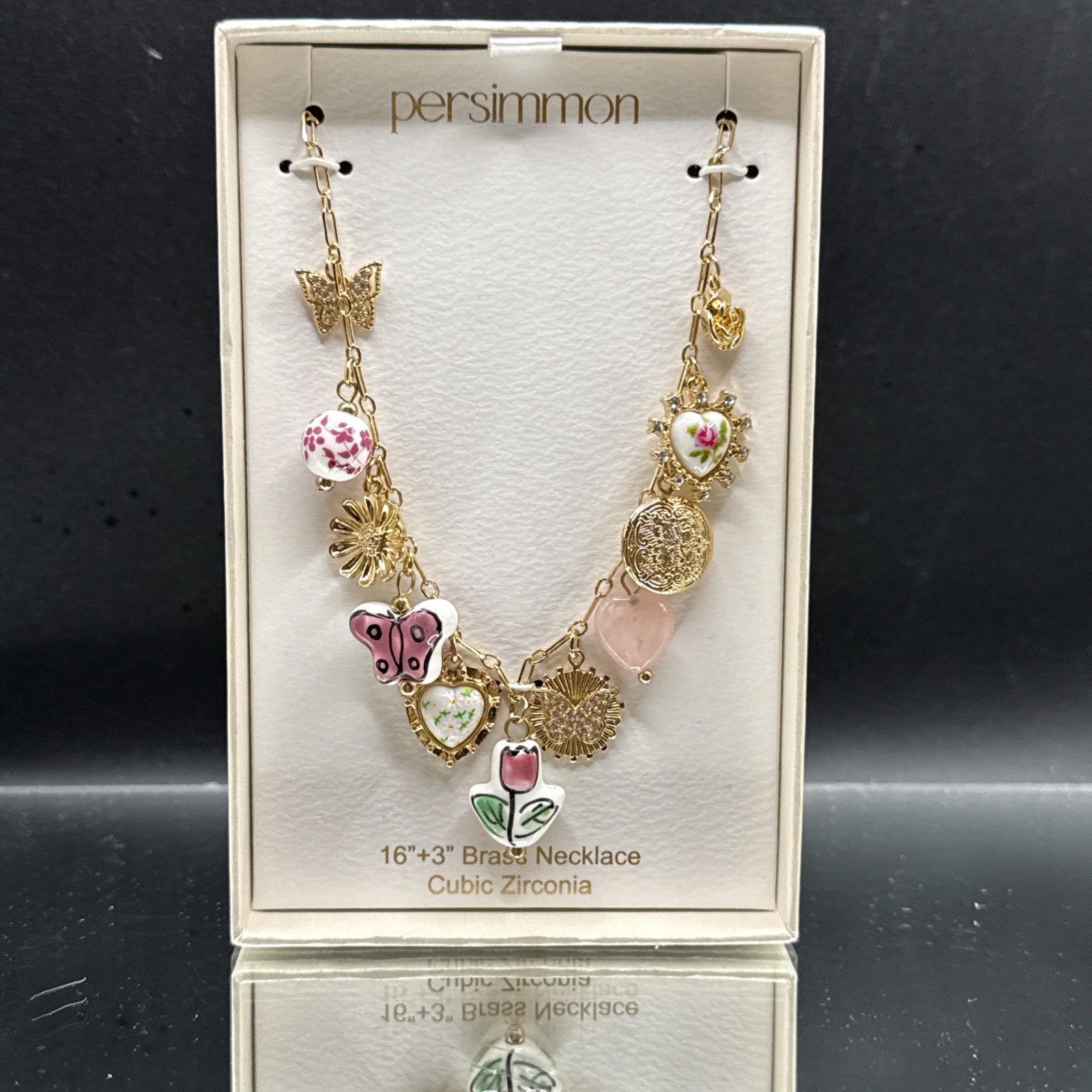 Persimmon Botanical Charms Necklace – Gold-Tone Brass & Cubic Zirconia 16″ + 3″