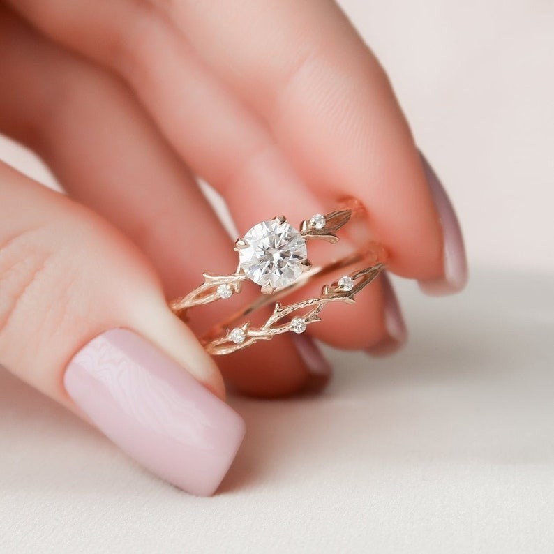 1.0 CT Round Cut Twig Branch Rose Gold Plated Silver Engagement Ring Set