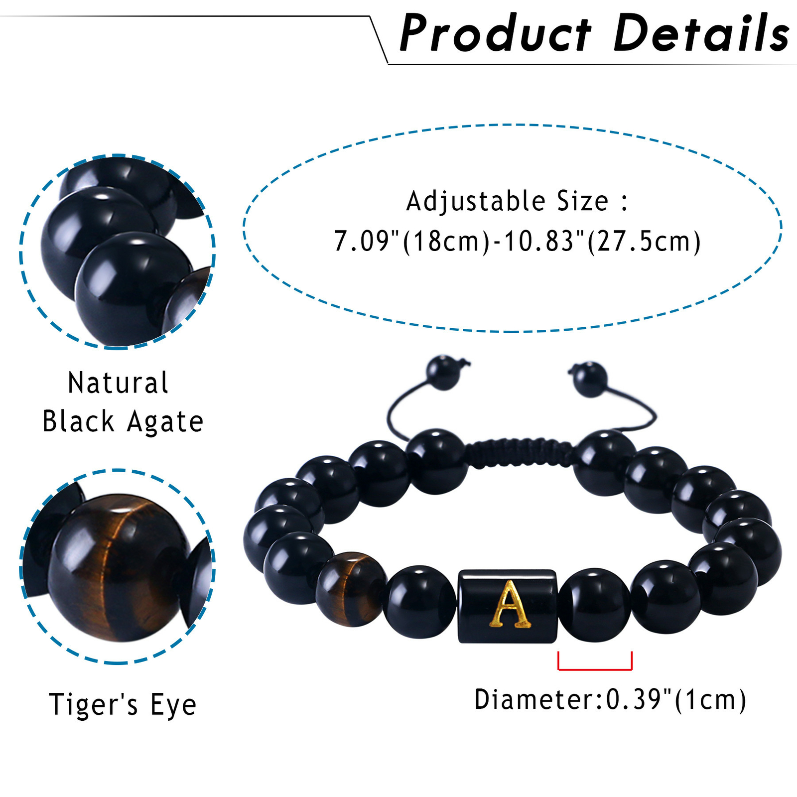 Initial Letter Bracelet For Men Black Onyx Tiger Eye Stone Beads Bracelet 10mm
