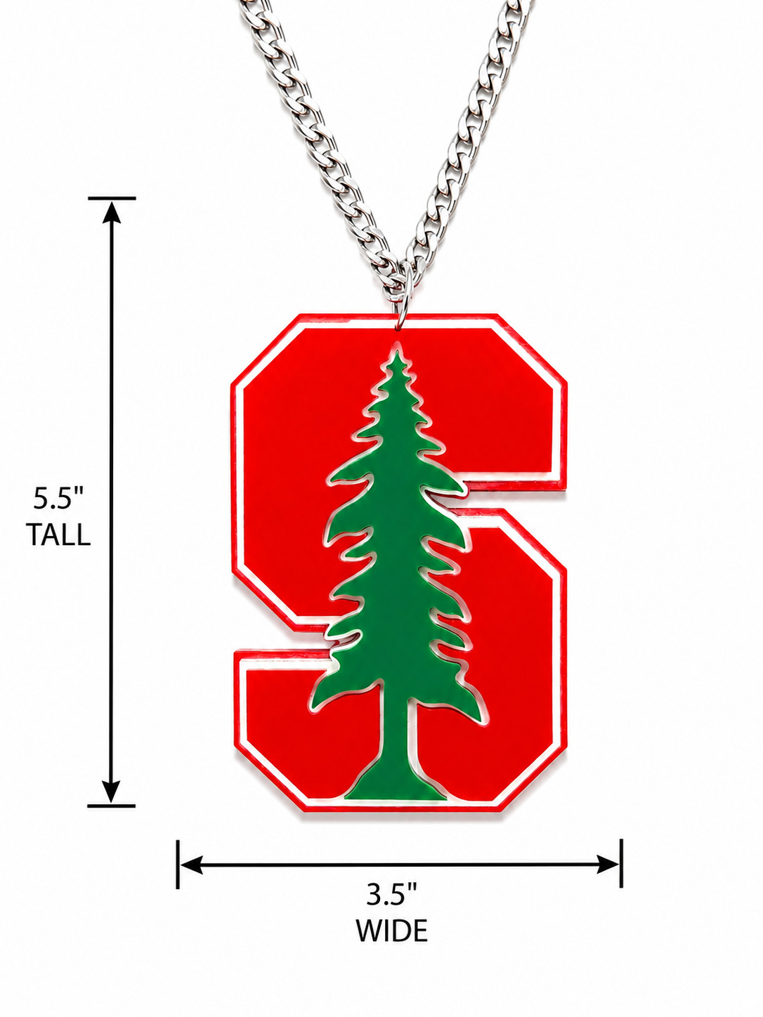 Stanford Cardinal Tree Acrylic Fan Chain Necklace Red Green Silver Pendant