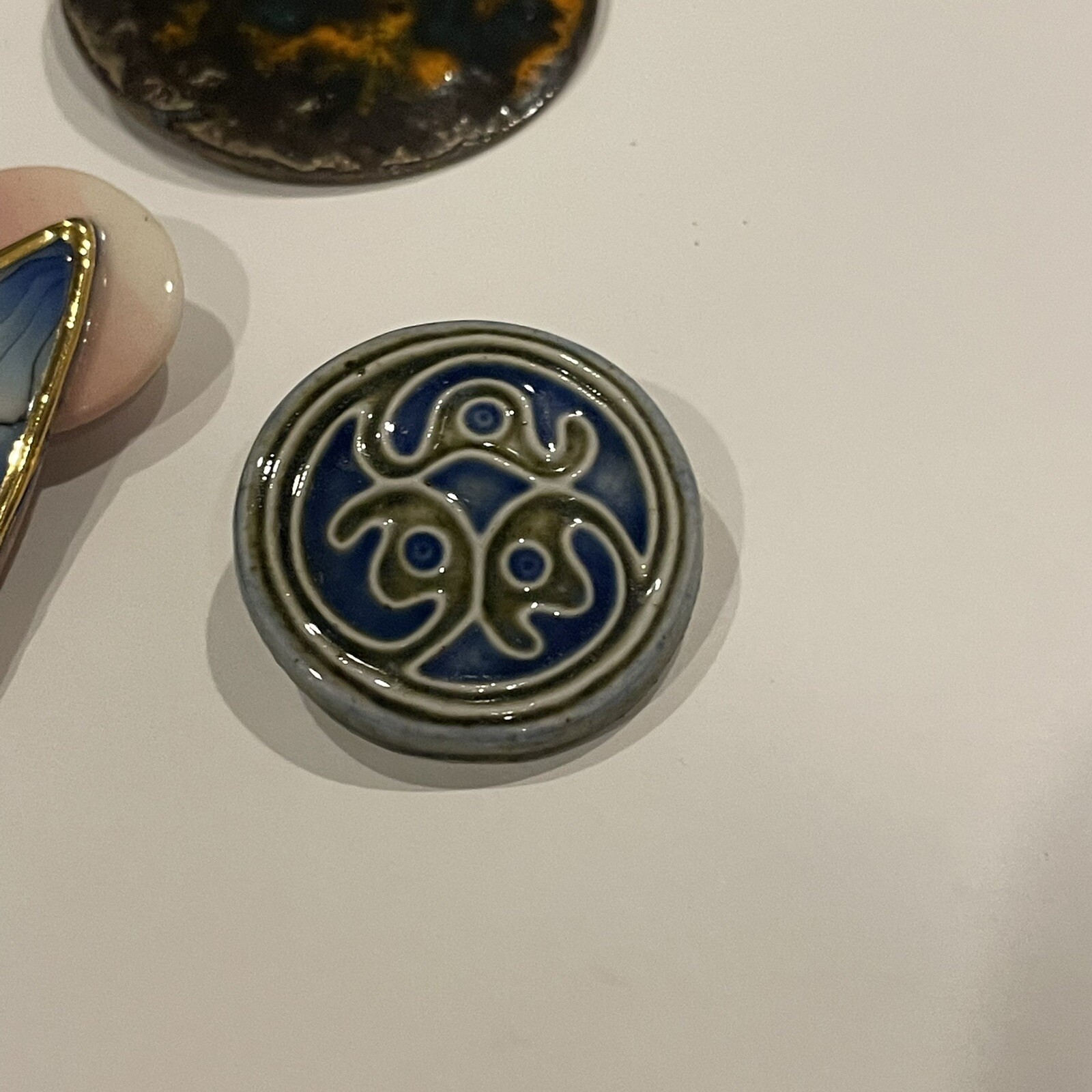 Lot Of 3 Handmade Handcrafted Brooch Pins Ceramic / Enameled Metal Etc
