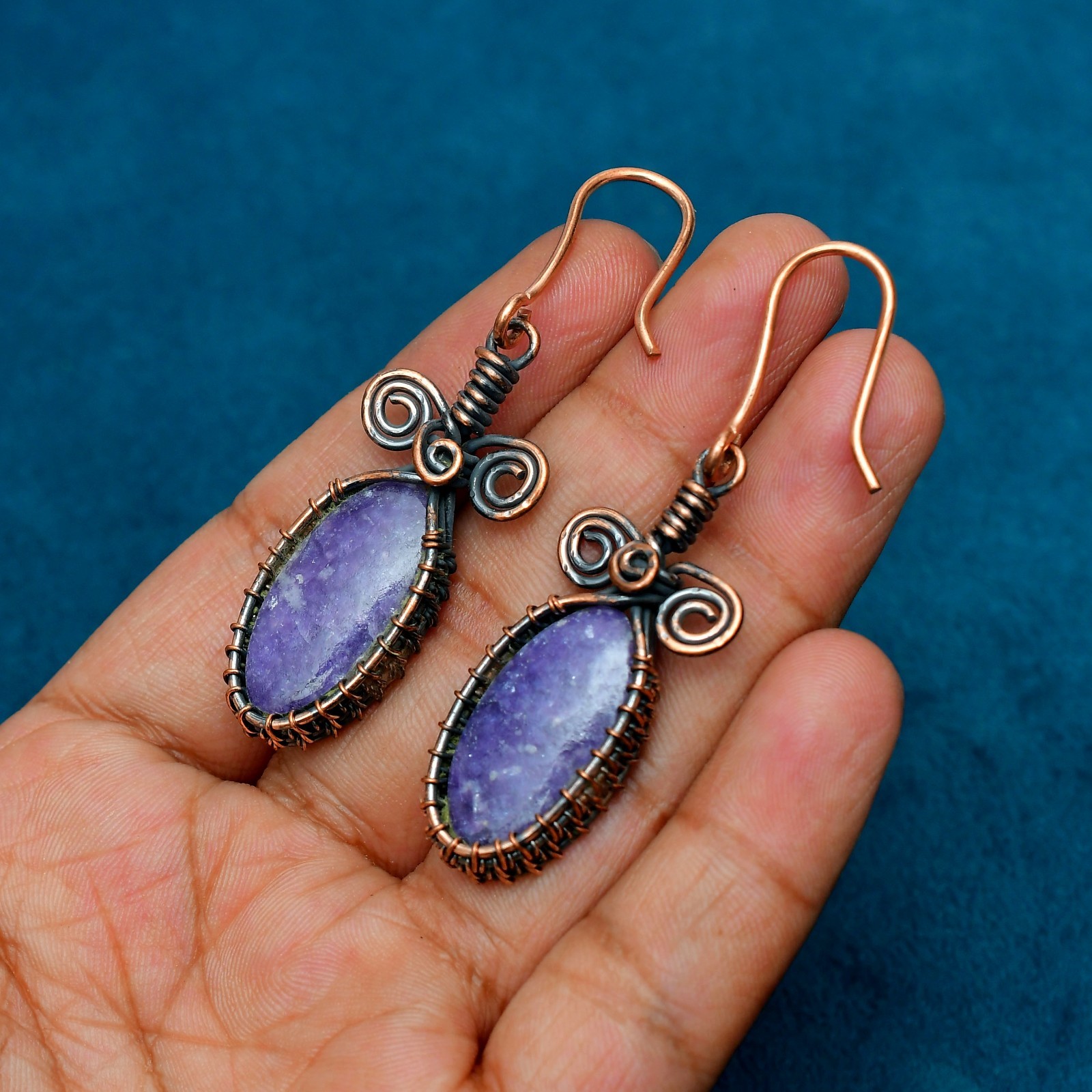 Lepidolite Gemstone Handmade Copper Ethnic Jewelry Earrings 2.51″