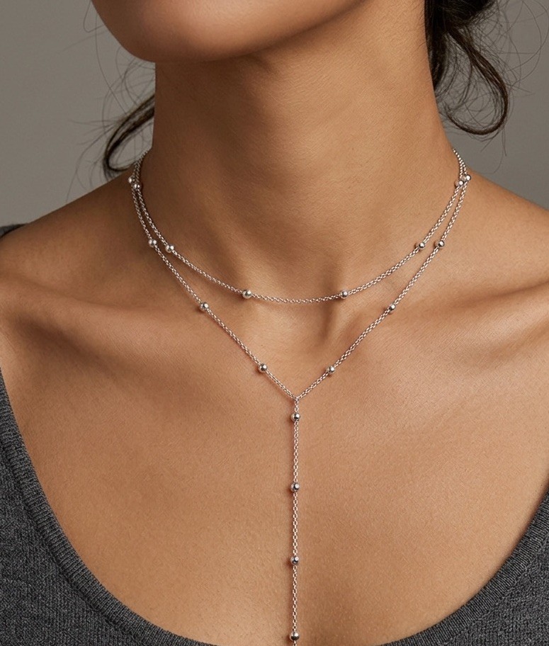 Dainty Layered Y Necklace Silver Gold Plated Lariat Bead Choker Gif