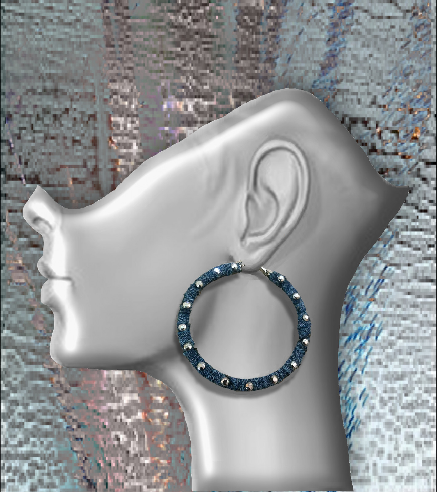 Blue Jean Demin Silver Rhinestone Stud Stylish Round Hoops Fashion Earrings