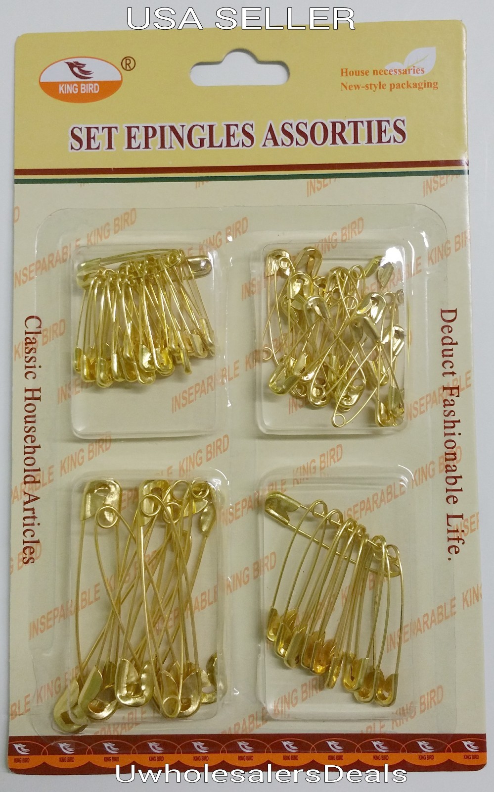 70 Safety Pins Gold Tone Assorted Sizes 2″, 1-1/2″. 1-1/4″, 1″ NEW in Pack