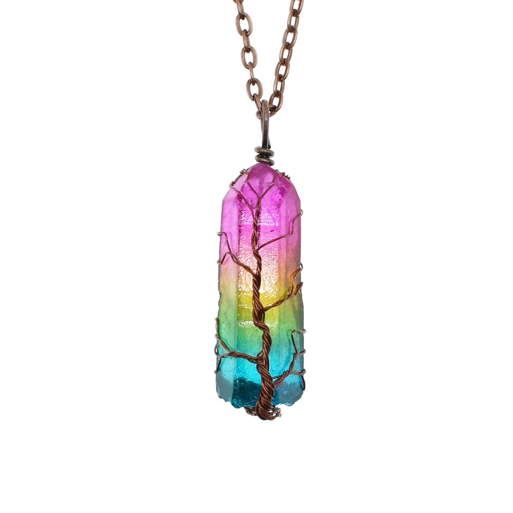 Natural Crystal Pillar Necklace Tree of Life Wire Wrapped Pendant Boho Jewelry
