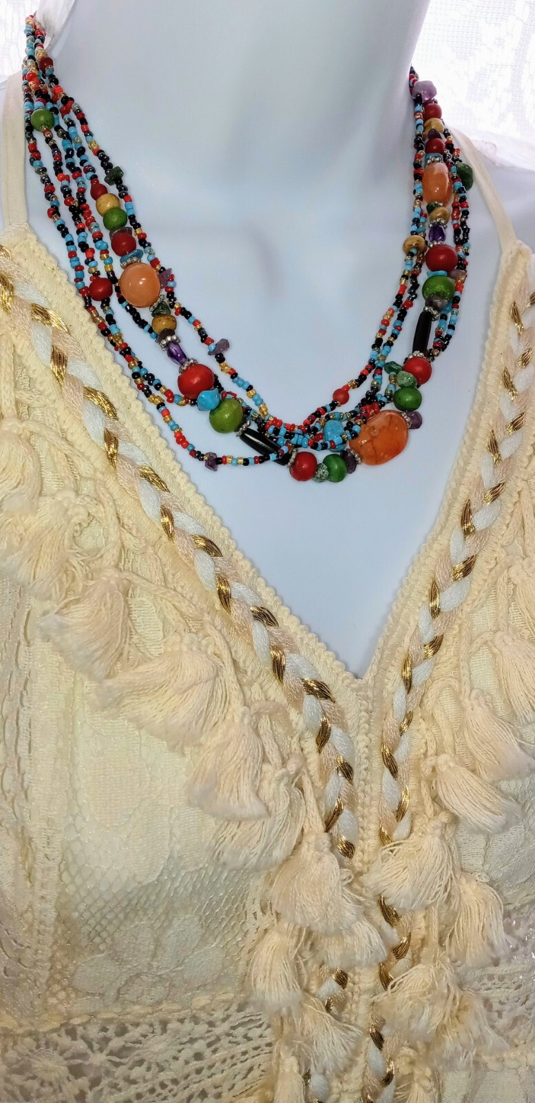 Assorted Multi Strands Mixed Seed Beads Stones Wood Beads Boho Hippie Necklace