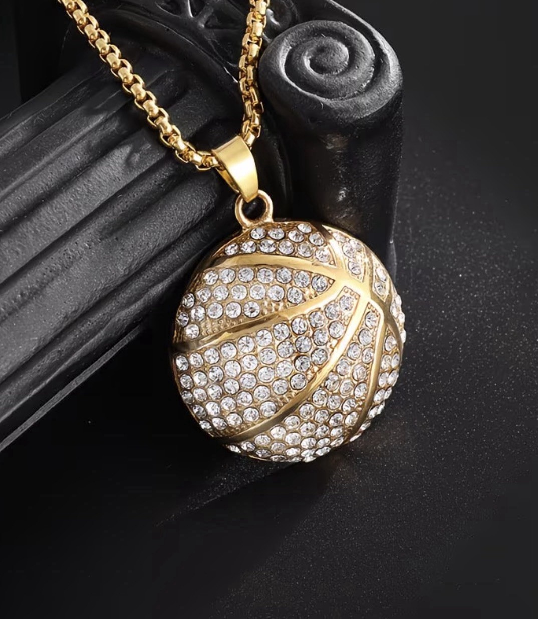 Golden Basketball Charm Pendant Necklace Cubic Zirconia Chain 23.62in Sports