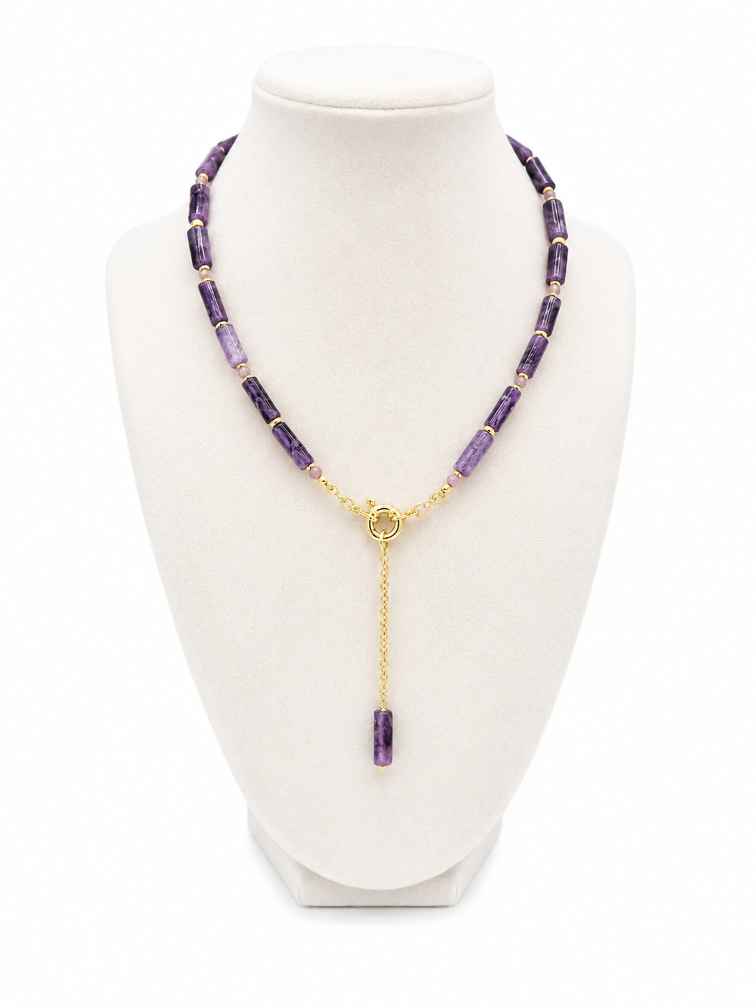 18K Gold Plated Amethyst Beaded Y Toggle Necklace Purple Semi-Precious Stone NEW