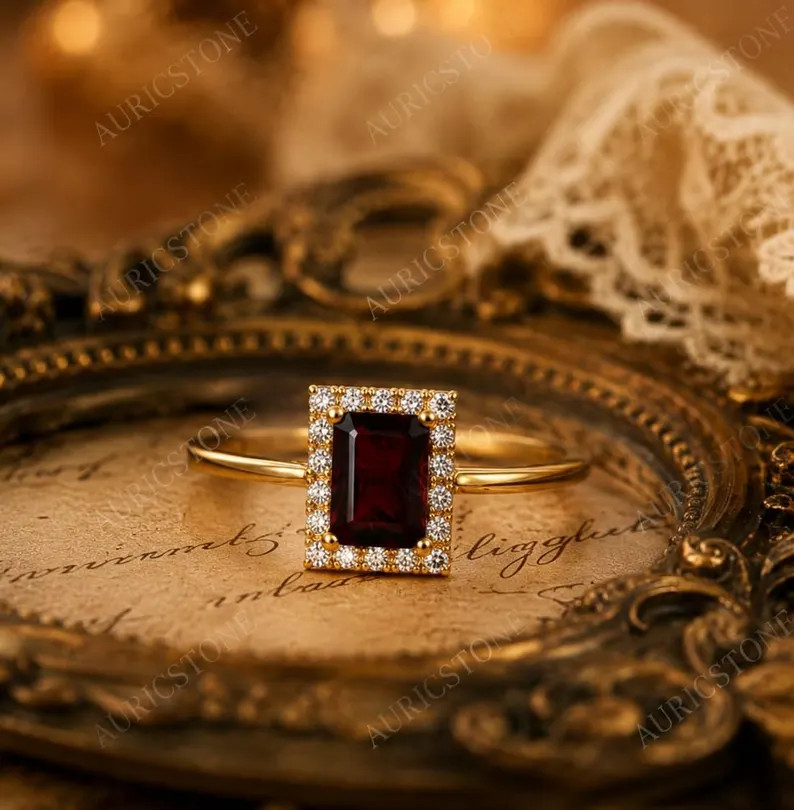 Lab Created Red Garnet Ring, Base Metal: Brass Finish: Gold Plated, Gift