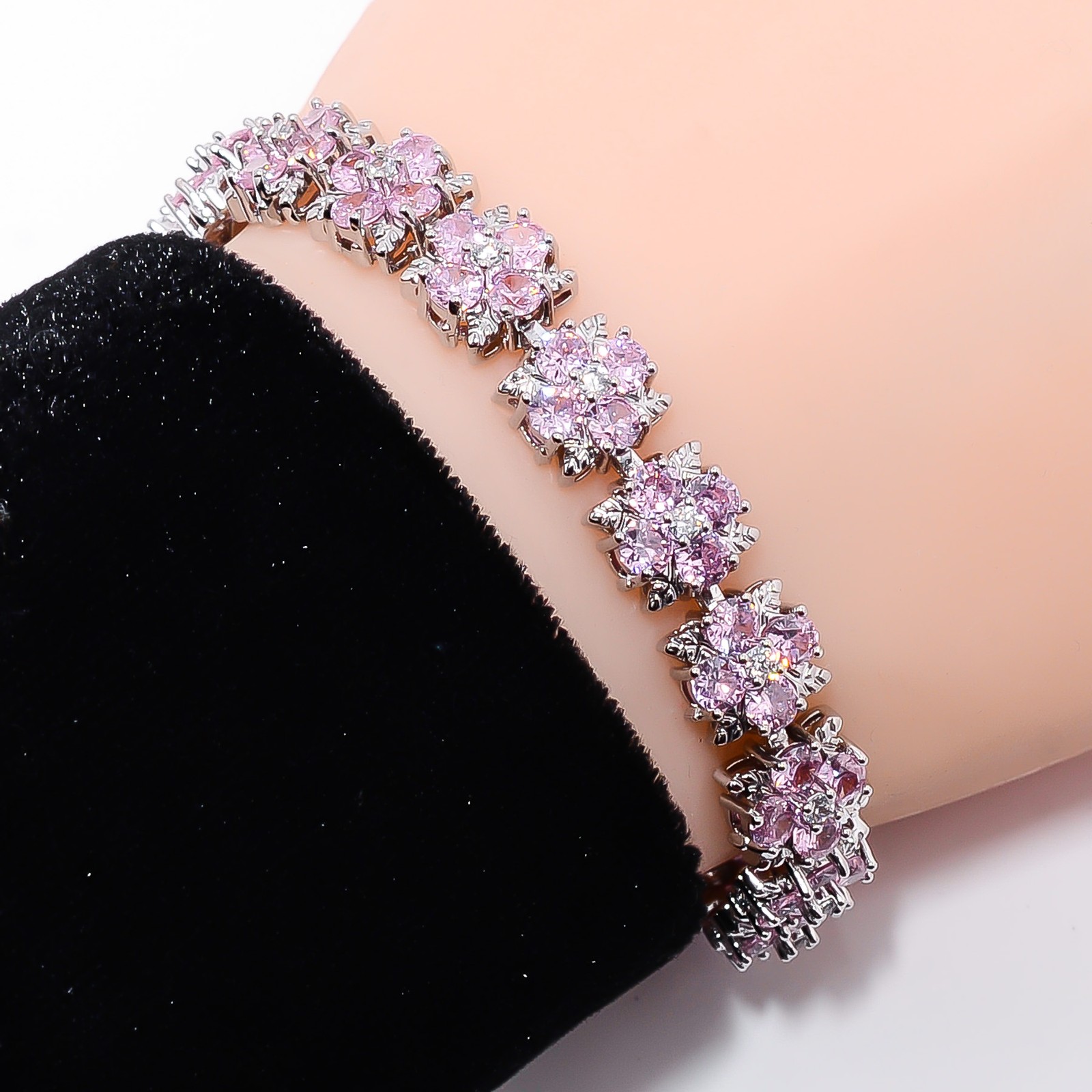 Pink Sapphire -Simulated, CZ 925 Sterling Silver Adjustable Bracelet 7-8″ B5036