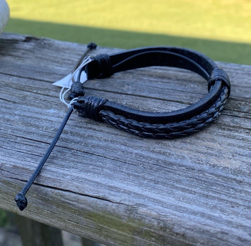 Black faux leather adj. wrist strap bracelet layered braiding detail unisex