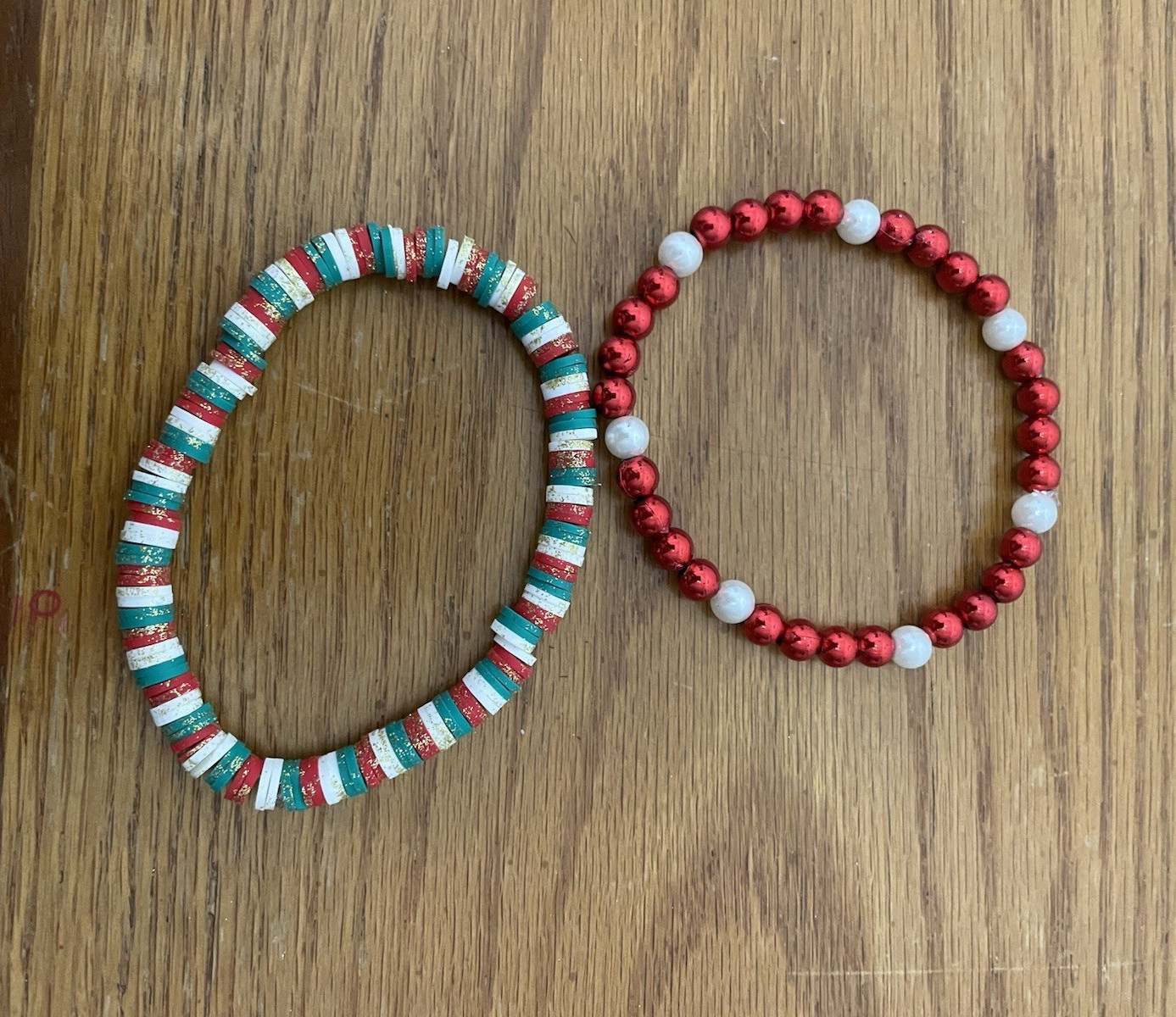 Handmade Multicolor Round Plastic Beaded Stretch Bracelets Lot of 2, No Clasp