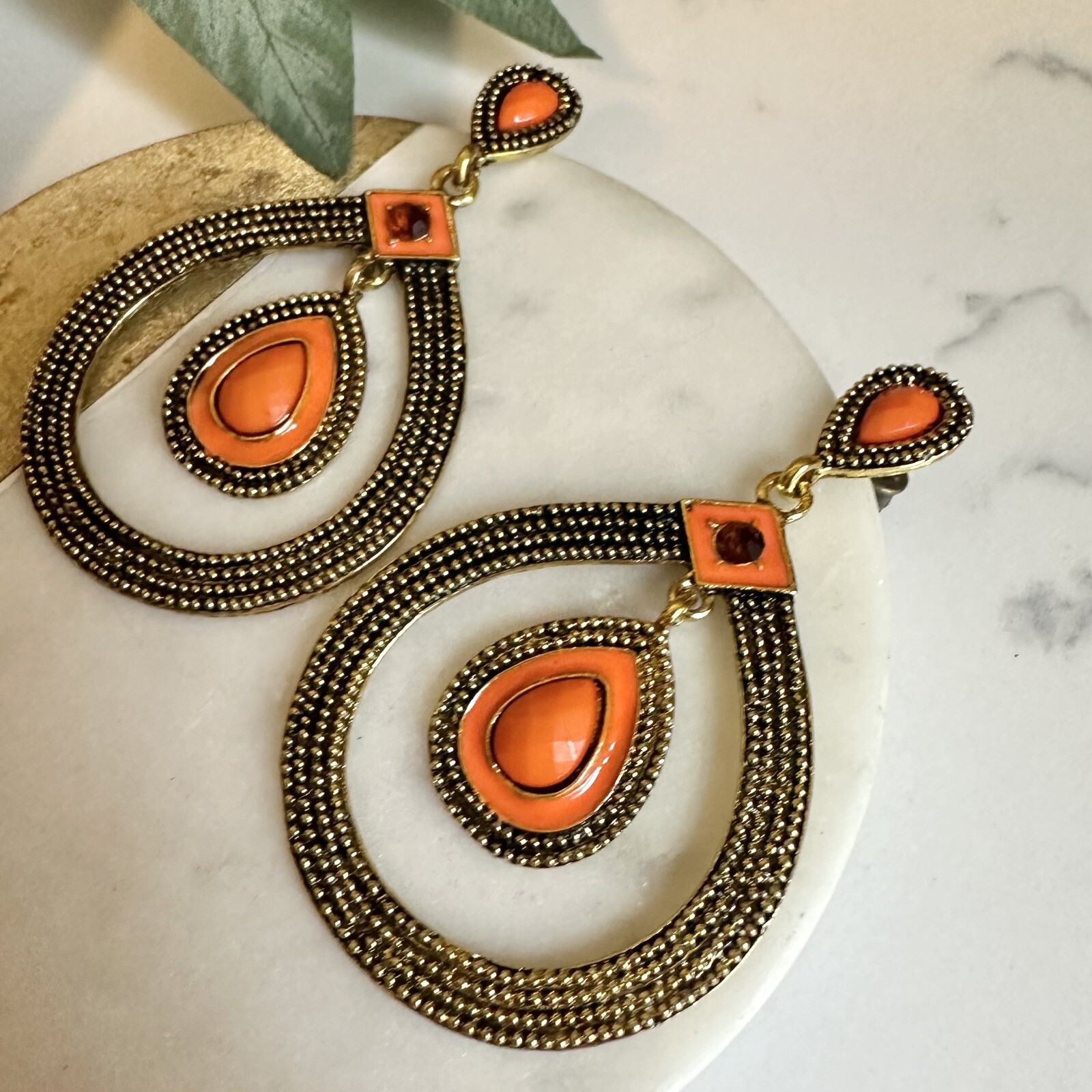 Art Deco Vintage Style Nouveau Elegance Orange Gold Crystal Earrings Teardrop