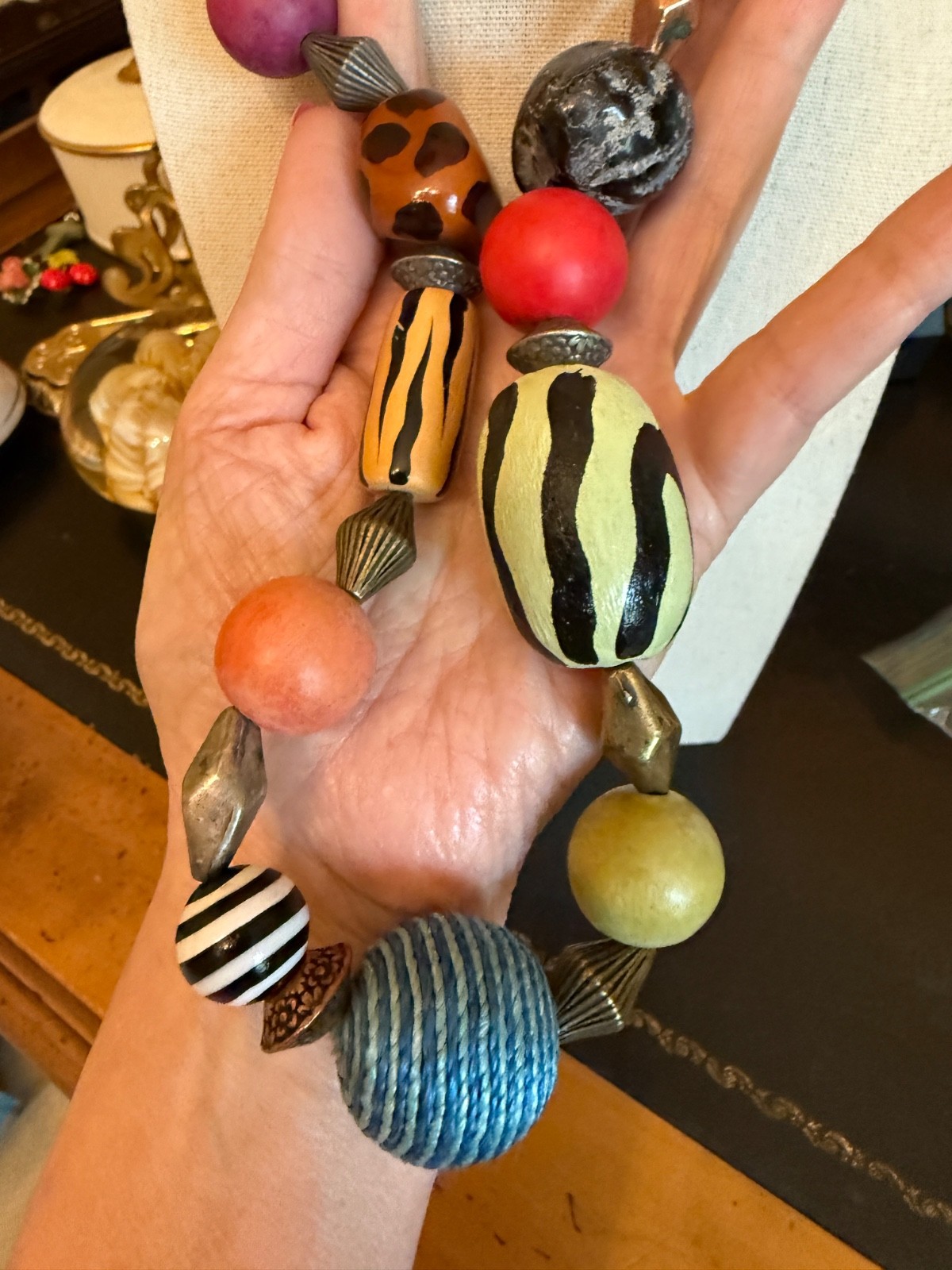 Chicos Chunky Boho Statement Necklace mixed media wood metal tribal safari