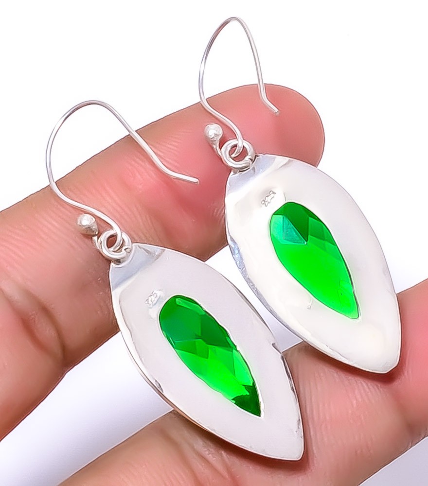 Emerald Quartz (Simulated) 925 Sterling Silver Handmade Earring 1.95″ E8-37