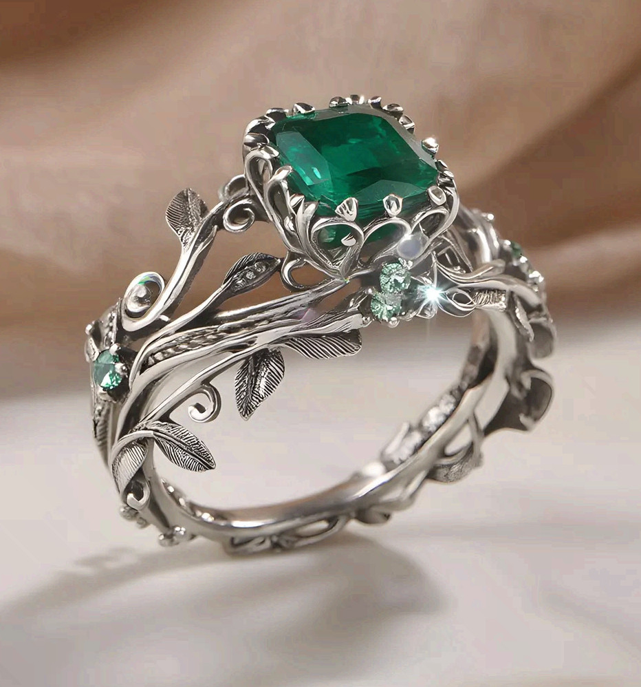 Stainless Steel Statement Ring with Green Emerald Stone