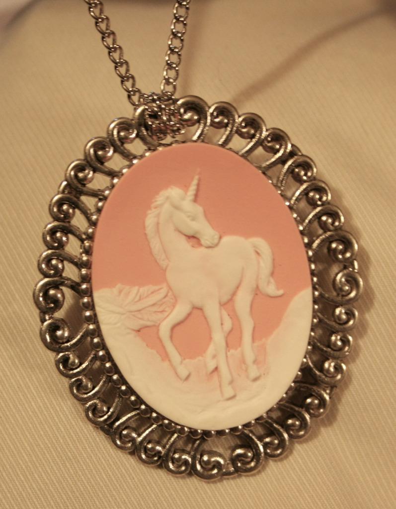 Lovely Swirl Rim Silvertone Pale Pink White Prancing Unicorn Necklace Brooch Pin