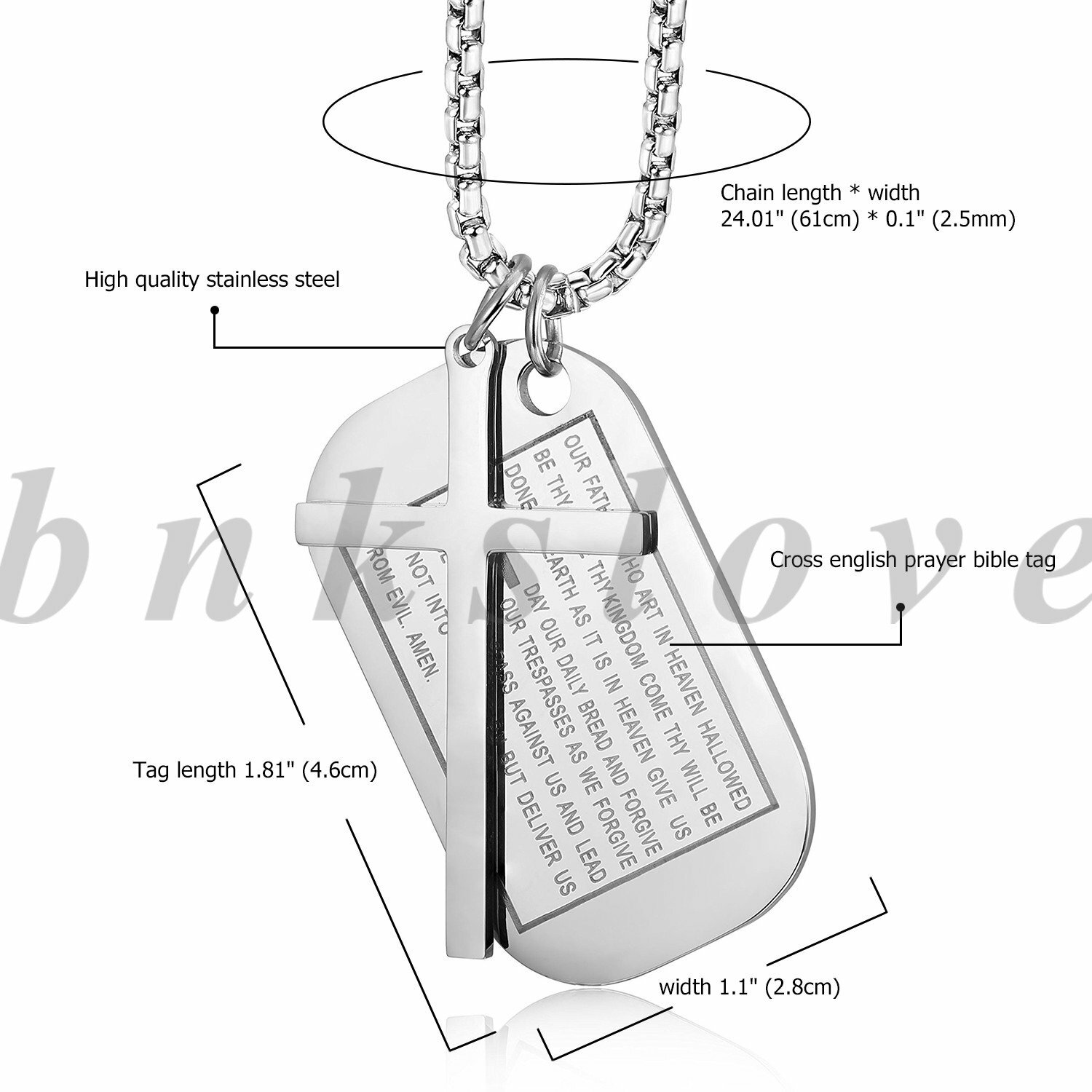 Men’s English Bible Verse Cross Dog Tag Pendant Necklace Stainless Steel Chain