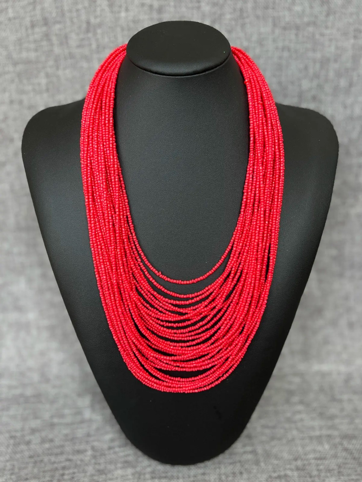 Multi Layer Red Beaded Bib Choker Necklace Chunky Boho Chic Statement Jewelry