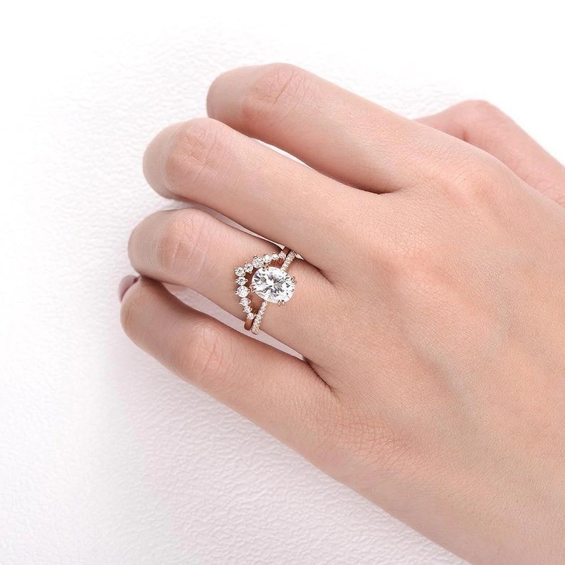 2 CT Oval Rose Gold Plated 925 Silver Wedding Engagement Ring Set for Woman