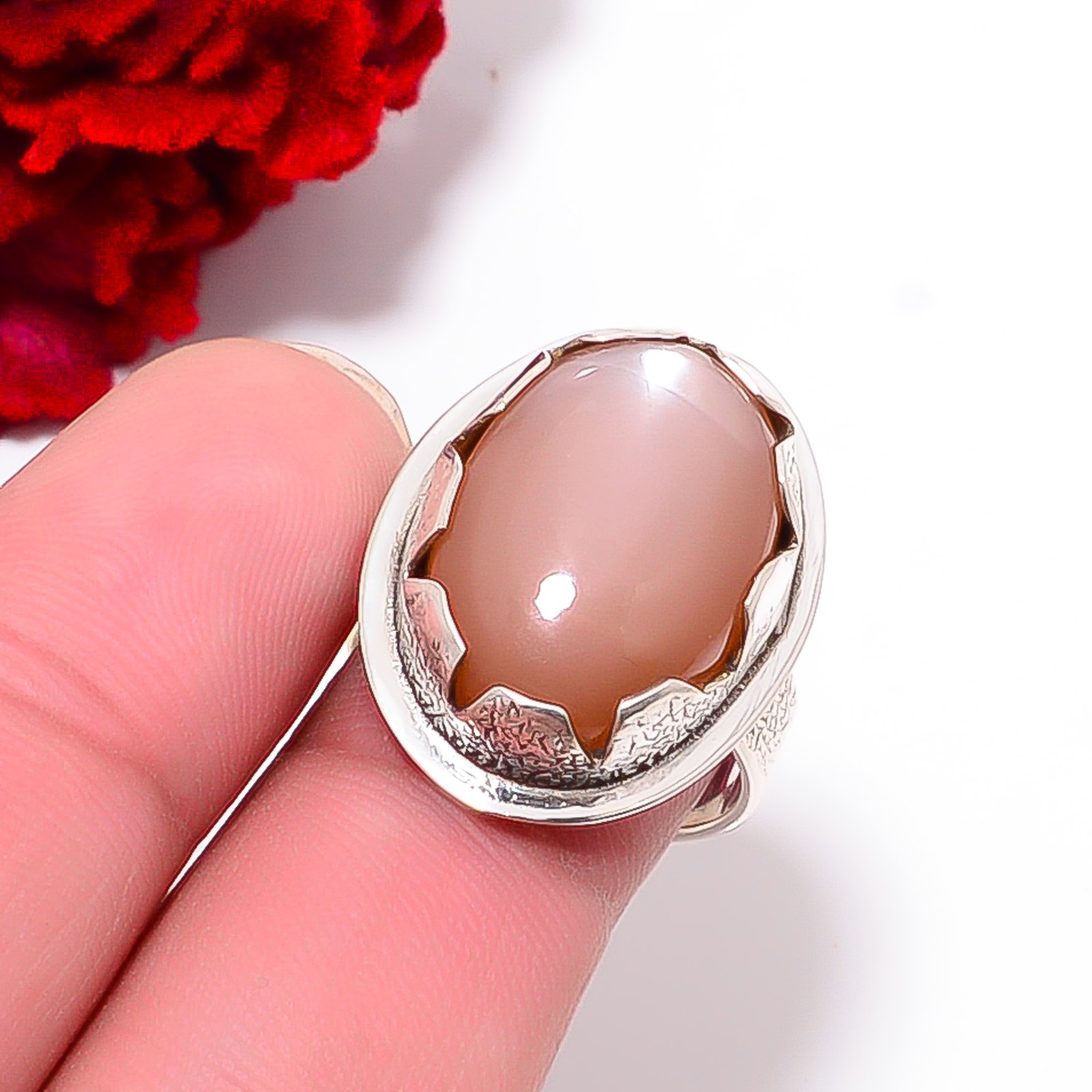 Peach Moonstone – Sri Lanka Designer Handmade 925 Sterling Silver Ring S.8 R7826