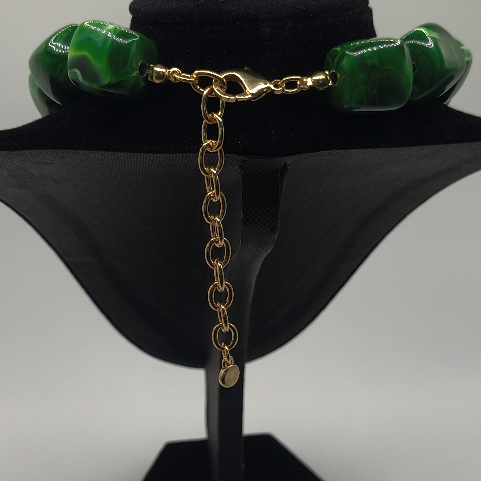 Green Beaded Statement Necklace Gold Tone Square Simulated Adjustable Lobster