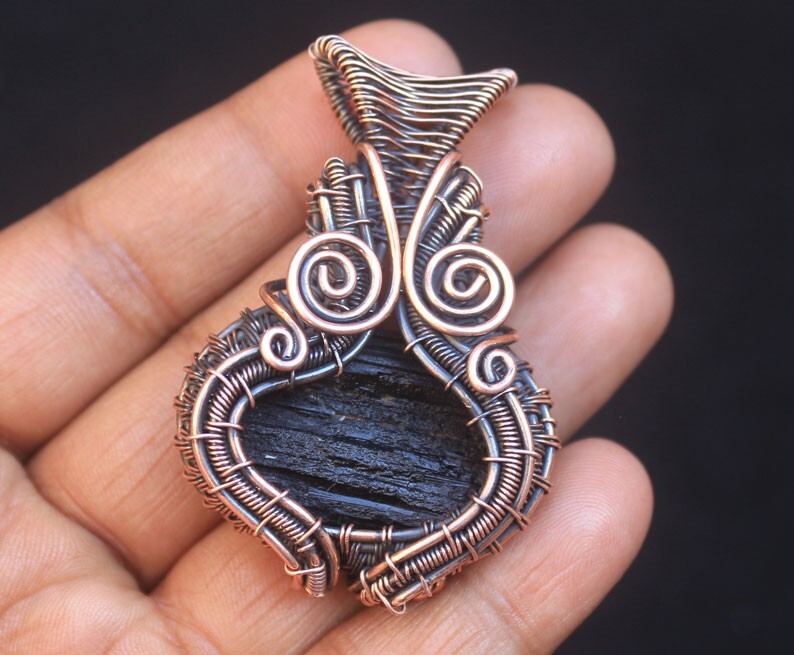 Rare Black Tourmaline Druzy Copper Wire Wrap Pendant Jewelry Gift For Her N176